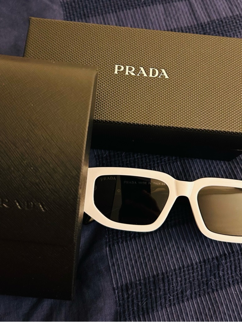PRADA White Rectangular Sunglasses with Dark Lenses